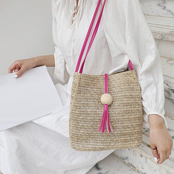 Summer Beach Women Straw Weave Handbag Wooden Ball Tassel Tote Shoulder Bag Image 8