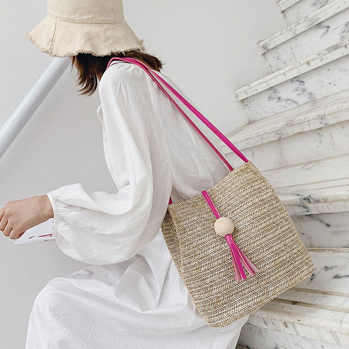 Summer Beach Women Straw Weave Handbag Wooden Ball Tassel Tote Shoulder Bag Image 9