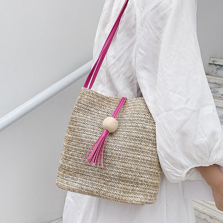 Summer Beach Women Straw Weave Handbag Wooden Ball Tassel Tote Shoulder Bag Image 10