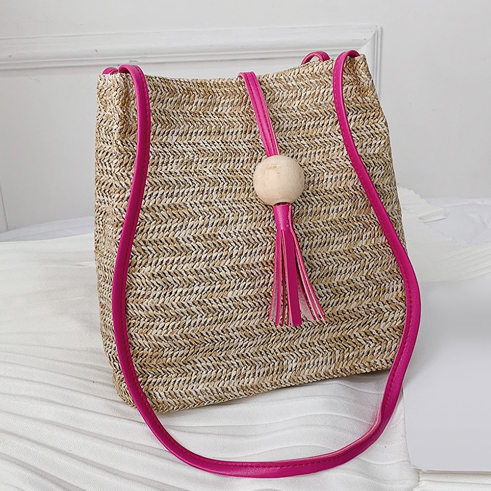 Summer Beach Women Straw Weave Handbag Wooden Ball Tassel Tote Shoulder Bag Image 11