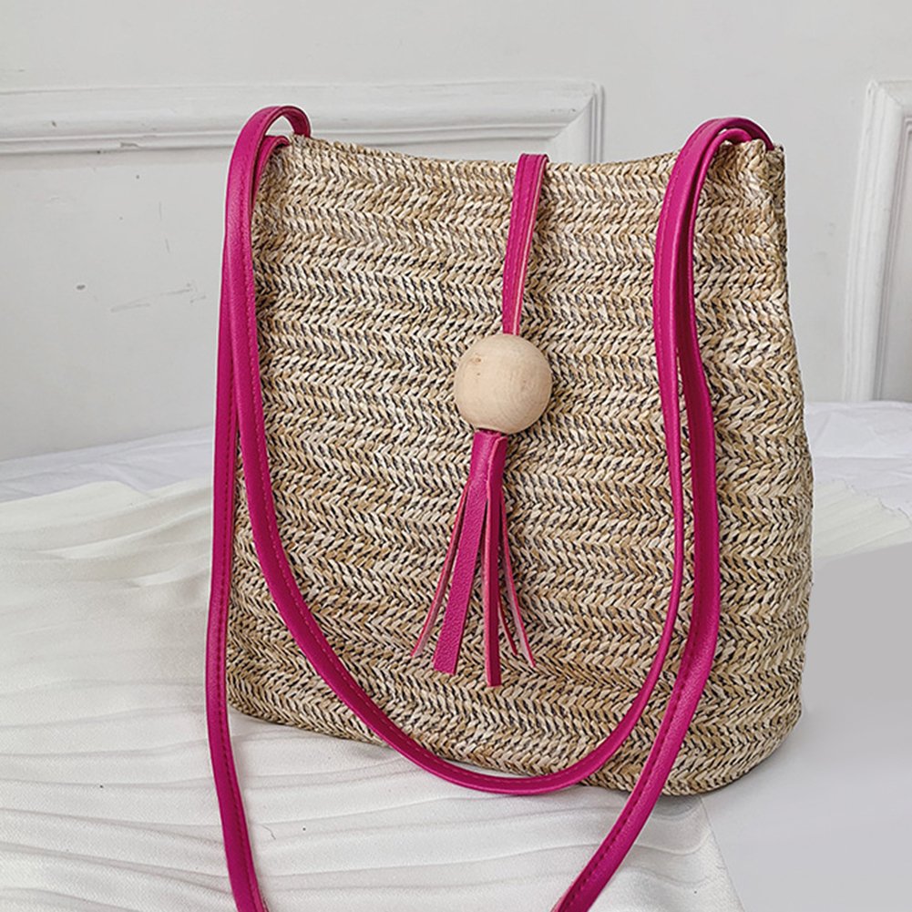 Summer Beach Women Straw Weave Handbag Wooden Ball Tassel Tote Shoulder Bag Image 12