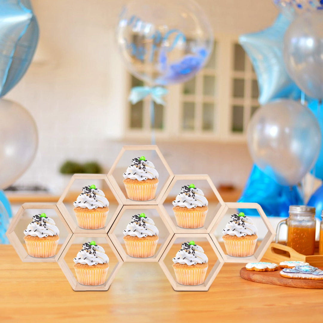 16Pcs Mini Honeycomb Cupcake Stand Wooden Hexagon Cake Display Holder Farmhouse Hexagonal Floating Table Sign for Boy Image 3