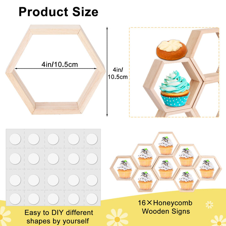 16Pcs Mini Honeycomb Cupcake Stand Wooden Hexagon Cake Display Holder Farmhouse Hexagonal Floating Table Sign for Boy Image 6