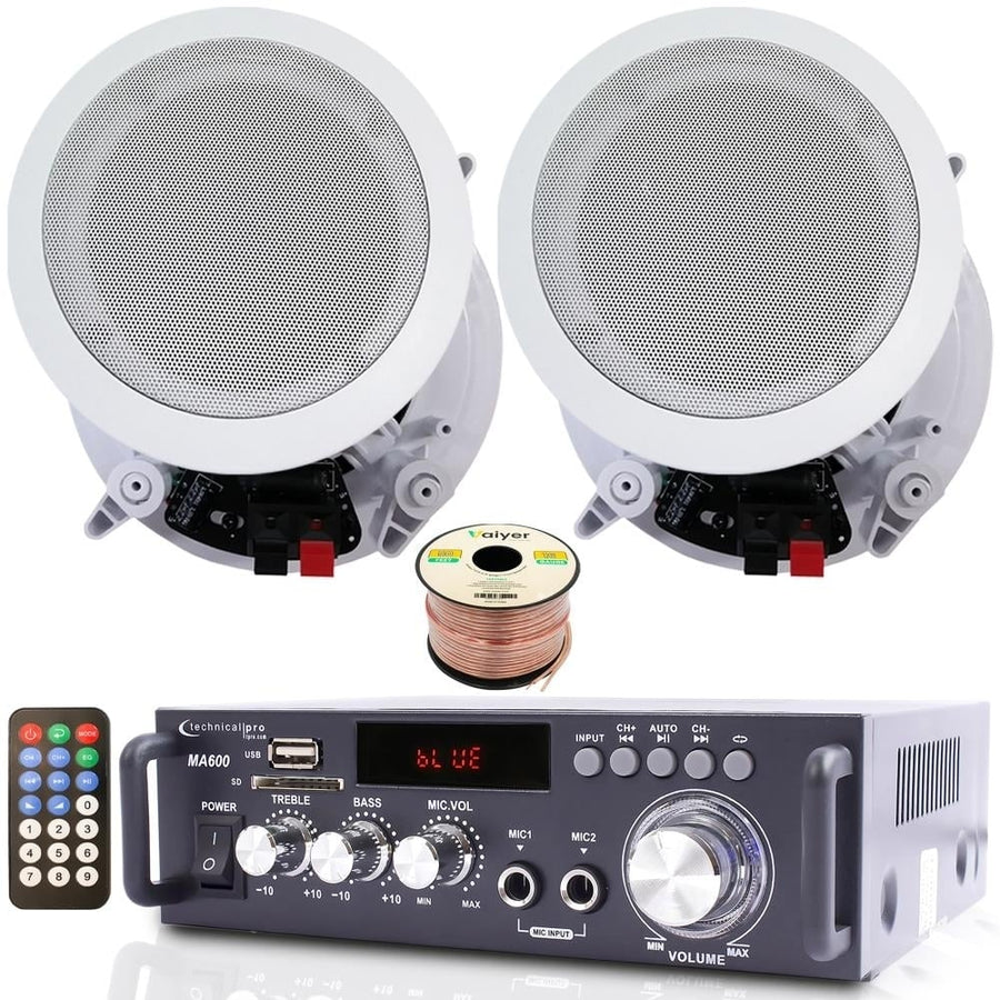 Home Theater System 2 Ch 600W Bluetooth Amplifier w 2x 8" Framed Ceiling Speakers 300W Each 50ft Wire and Remote Ideal Image 1