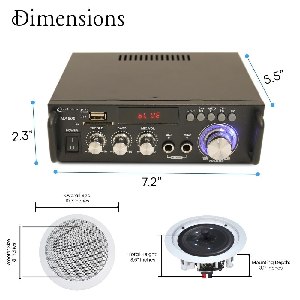 Home Theater System 2 Ch 600W Bluetooth Amplifier w 2x 8" Framed Ceiling Speakers 300W Each 50ft Wire and Remote Ideal Image 2