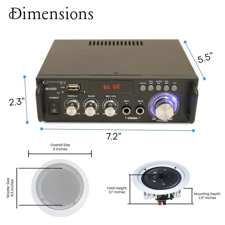 Home Theater System 2 Ch 600W Bluetooth Amplifier w 2x 6.5" Framed Ceiling Speakers 200W Each 50ft Wire and Remote Ideal Image 2