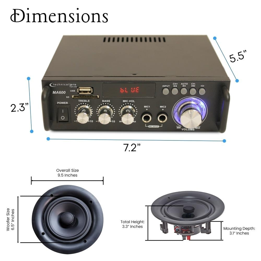 Home Theater System 2 Ch 600W Bluetooth Amplifier w 2x 6.5" Frameless Ceiling Speakers 200W Each 50ft Wire and Remote Image 2