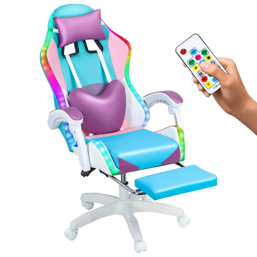 Gaming Chair with RGB LED Lights Girl Video Chair Ergonomic Computer Chair with Massage and Footrest Reclining Video Image 1