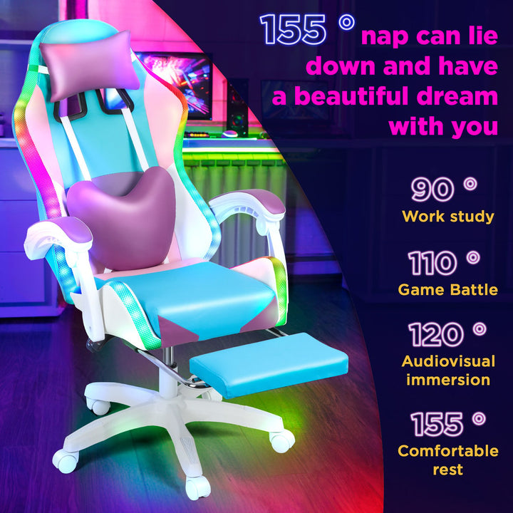 Gaming Chair with RGB LED Lights Girl Video Chair Ergonomic Computer Chair with Massage and Footrest Reclining Video Image 12