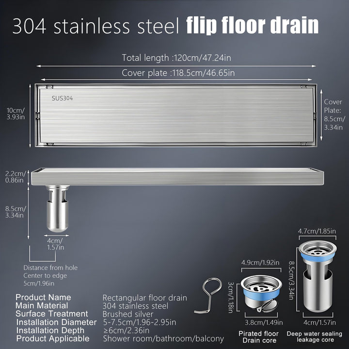 47 Inch Linear Shower Drain Shower Drain Brushed Nickel 304 Stainless Steel Shower Drains Odor Proof Invisible Long Image 6