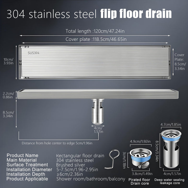 47 Inch Linear Shower Drain Shower Drain Brushed Nickel 304 Stainless Steel Shower Drains Odor Proof Invisible Long Image 7