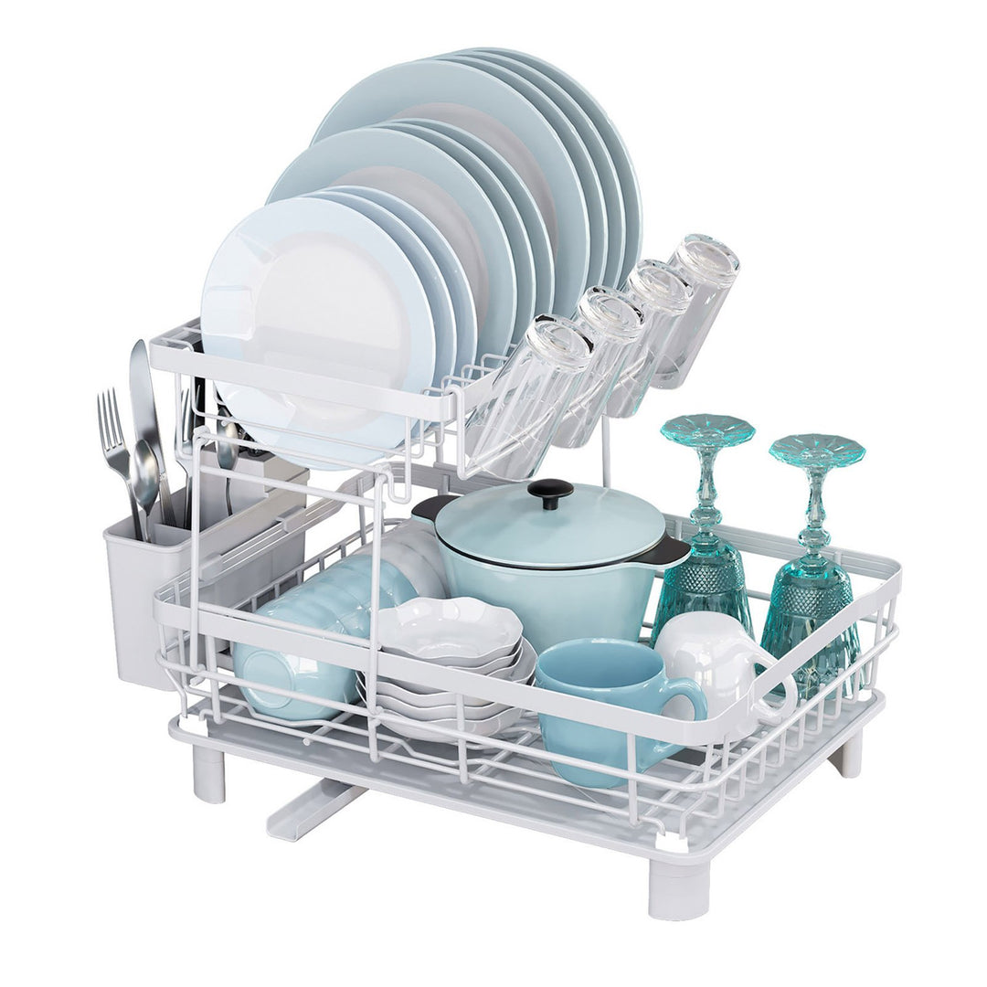 Dish Drying Rack Storage Holder with Drainboard Large Capacity Anti-Rust Coating Double-Layered Kitchen Counter Storage Image 2