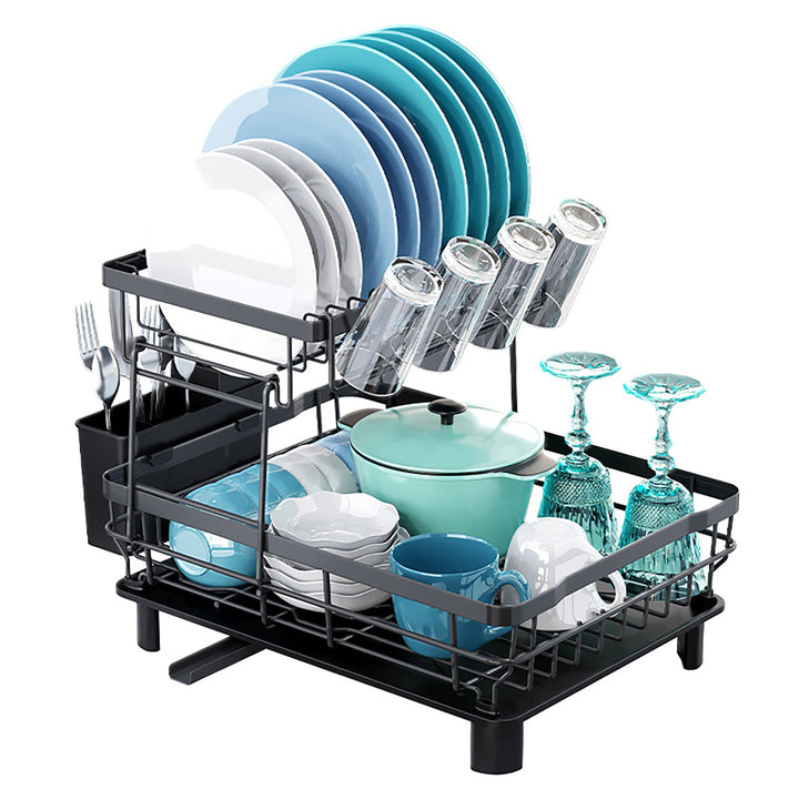 Dish Drying Rack Storage Holder with Drainboard Large Capacity Anti-Rust Coating Double-Layered Kitchen Counter Storage Image 3