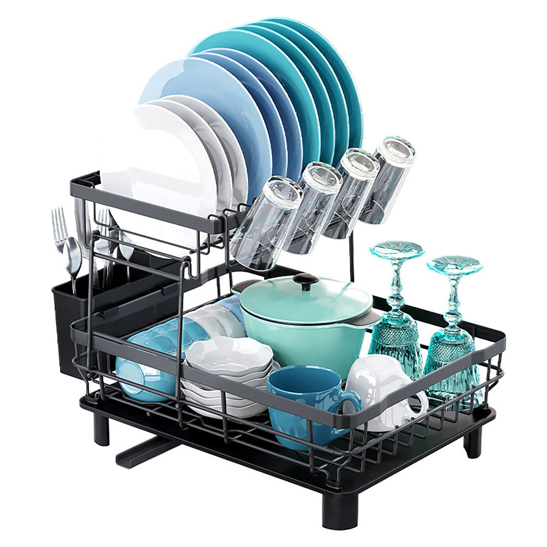 Dish Drying Rack Storage Holder with Drainboard Large Capacity Anti-Rust Coating Double-Layered Kitchen Counter Storage Image 1