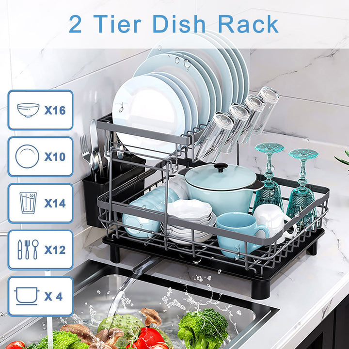 Dish Drying Rack Storage Holder with Drainboard Large Capacity Anti-Rust Coating Double-Layered Kitchen Counter Storage Image 4