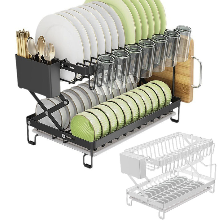 Drain Dish Rack with Wine Glass Holder Strong Load-bearing Height Adjustable 2-Tier Kitchen Counter Drying Rack Utensil Image 1