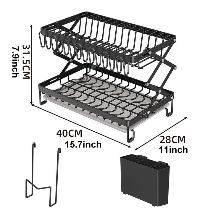 Drain Dish Rack with Wine Glass Holder Strong Load-bearing Height Adjustable 2-Tier Kitchen Counter Drying Rack Utensil Image 7