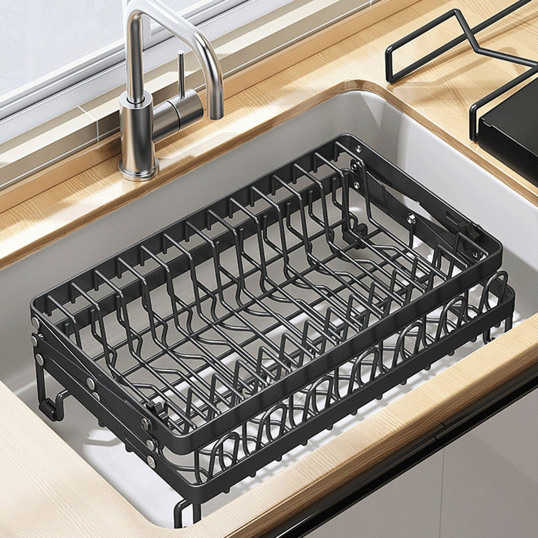 Drain Dish Rack with Wine Glass Holder Strong Load-bearing Height Adjustable 2-Tier Kitchen Counter Drying Rack Utensil Image 12