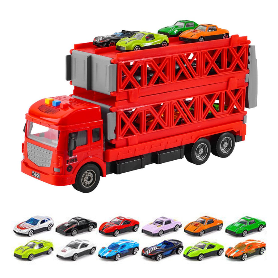 Foldable Track Truck Toy Friction-Driven with Launcher 16 Mini Cars Race Track 2-Tier Deformable Truck Toy for Toddlers Image 1