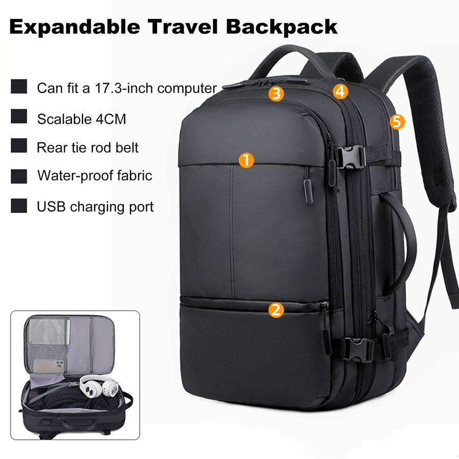 Travel Backpack Expandable Capacity Computer Bag with USB Charging Port Waterproof Anti-Theft Lock Wet/Dry Separation Image 1