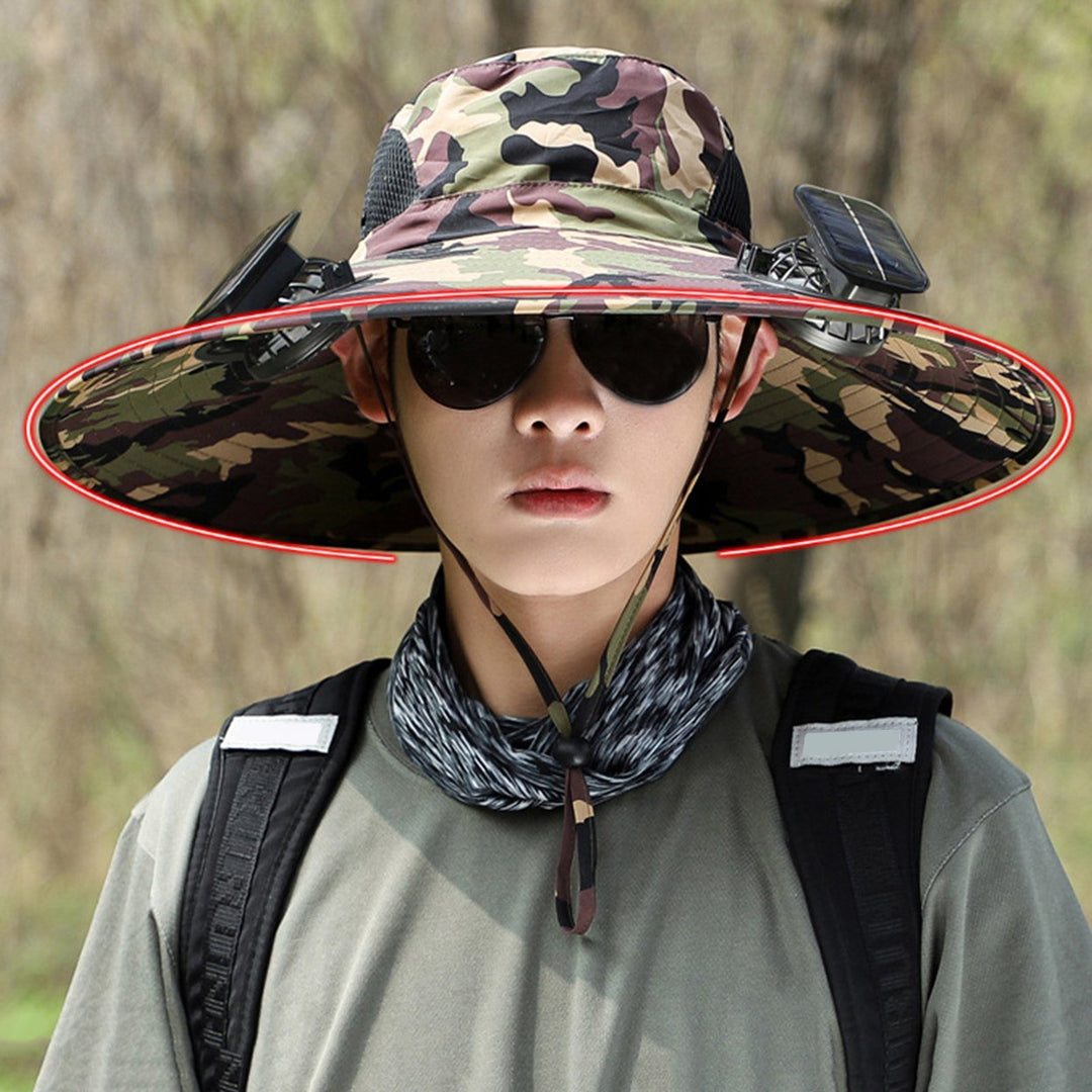 Unisex Solar Fan Cap Large Brim Windproof Strap USB Charging Anti-UV Sunlight Protection Hollow Mesh Outdoor Fishing Image 1