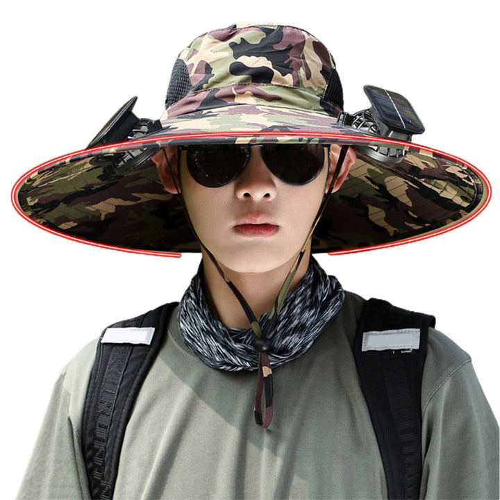 Unisex Solar Fan Cap Large Brim Windproof Strap USB Charging Anti-UV Sunlight Protection Hollow Mesh Outdoor Fishing Image 2