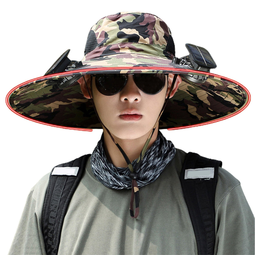 Unisex Solar Fan Cap Large Brim Windproof Strap USB Charging Anti-UV Sunlight Protection Hollow Mesh Outdoor Fishing Image 1