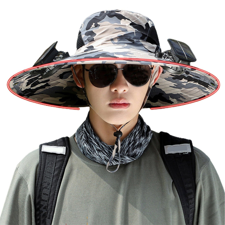 Unisex Solar Fan Cap Large Brim Windproof Strap USB Charging Anti-UV Sunlight Protection Hollow Mesh Outdoor Fishing Image 3