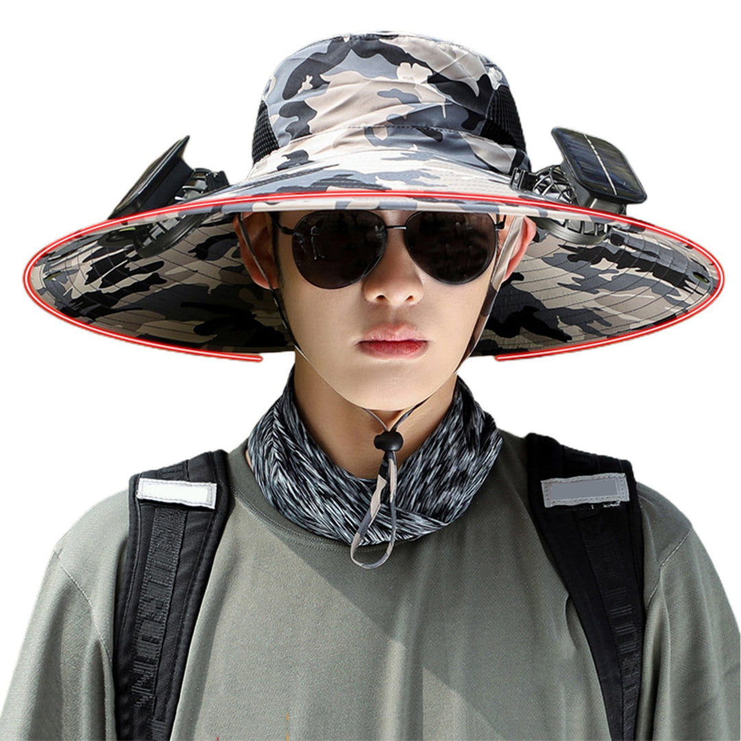 Unisex Solar Fan Cap Large Brim Windproof Strap USB Charging Anti-UV Sunlight Protection Hollow Mesh Outdoor Fishing Image 1