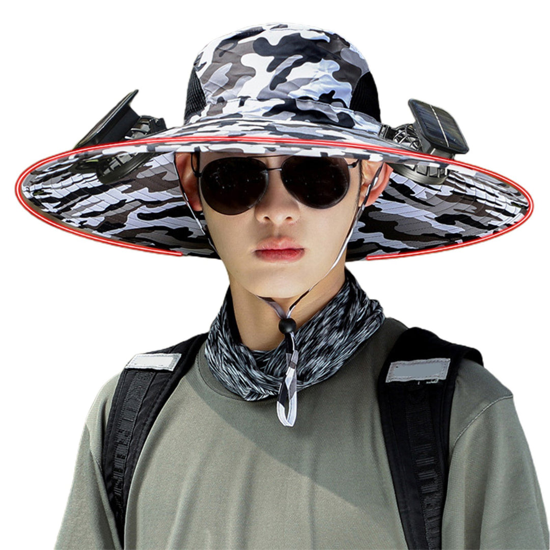 Unisex Solar Fan Cap Large Brim Windproof Strap USB Charging Anti-UV Sunlight Protection Hollow Mesh Outdoor Fishing Image 4