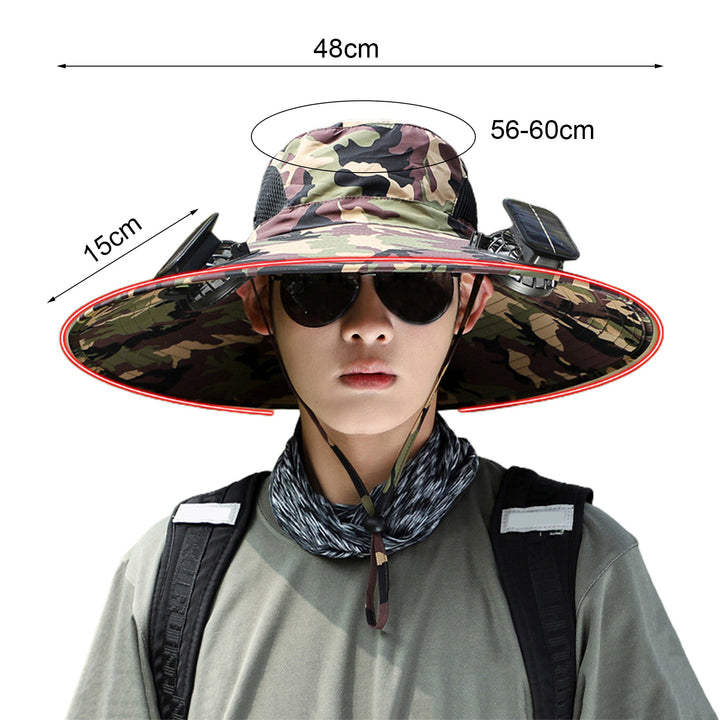 Unisex Solar Fan Cap Large Brim Windproof Strap USB Charging Anti-UV Sunlight Protection Hollow Mesh Outdoor Fishing Image 8