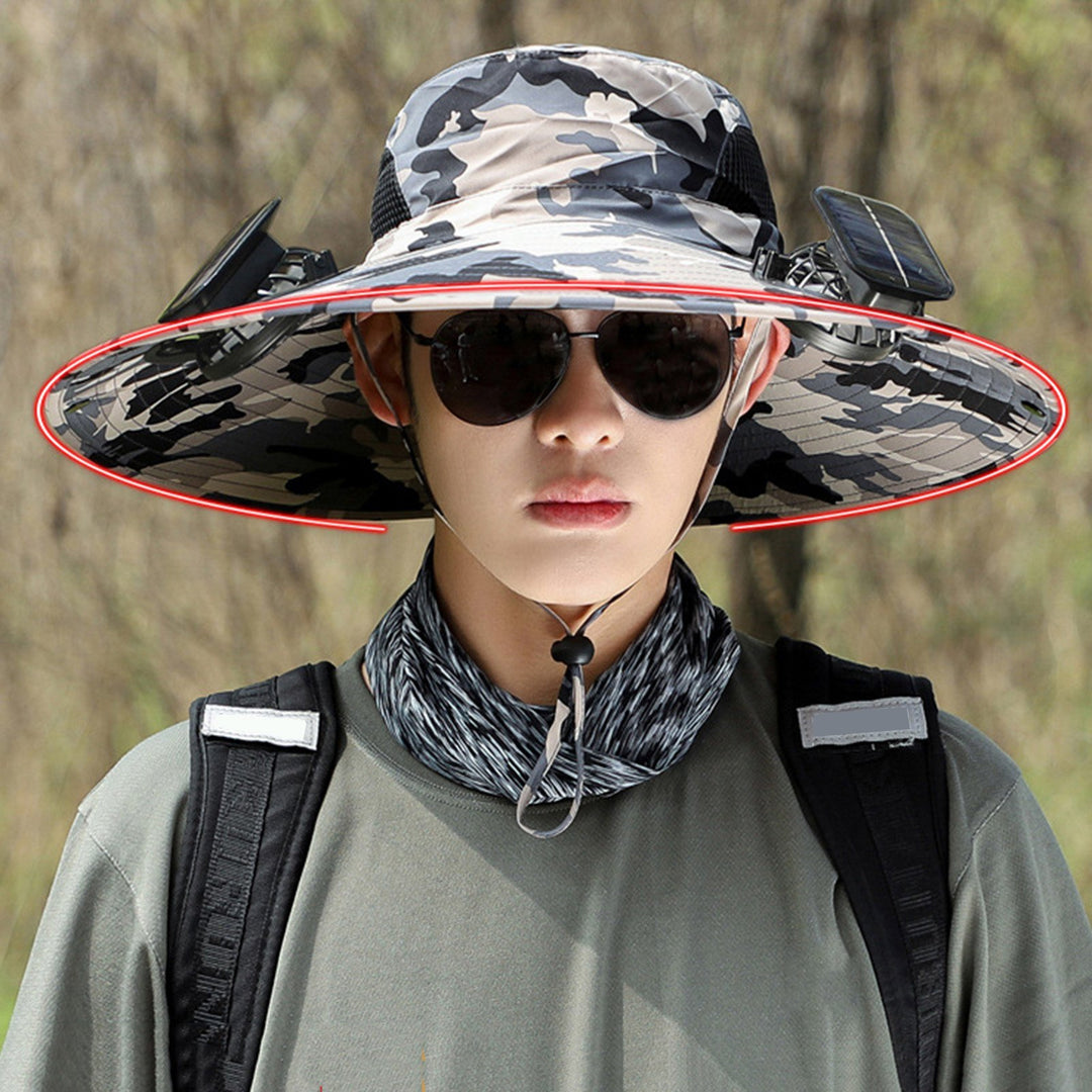 Unisex Solar Fan Cap Large Brim Windproof Strap USB Charging Anti-UV Sunlight Protection Hollow Mesh Outdoor Fishing Image 9