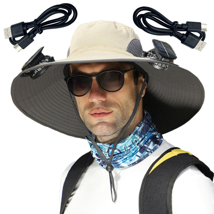 1 Set Outdoor Sun Hat with 2 Fan Large Brim Windproof Strap Solar or USB Charging Anti-UV Great Breathability Fishing Image 3