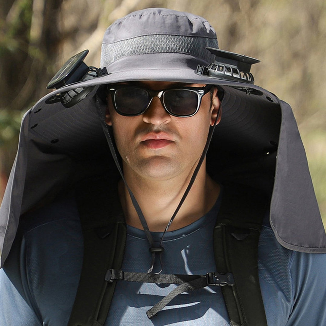 Solar Fan Hat with Neck Flap USB Rechargeable UV Protection Dual Fan Fishing Hat Foldable Men Women Fisherman Hiking Image 1