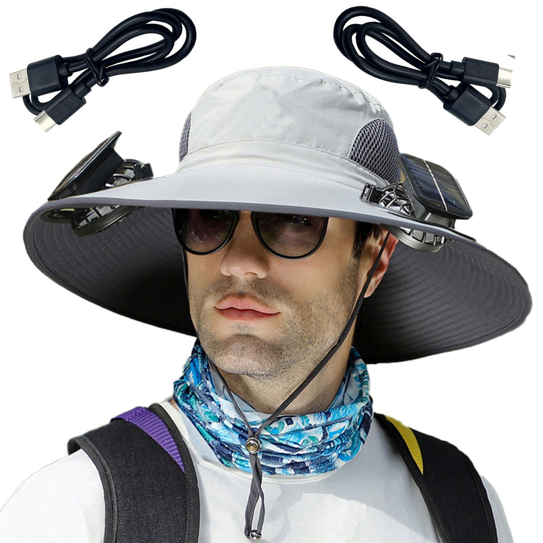 1 Set Outdoor Sun Hat with 2 Fan Large Brim Windproof Strap Solar or USB Charging Anti-UV Great Breathability Fishing Image 4