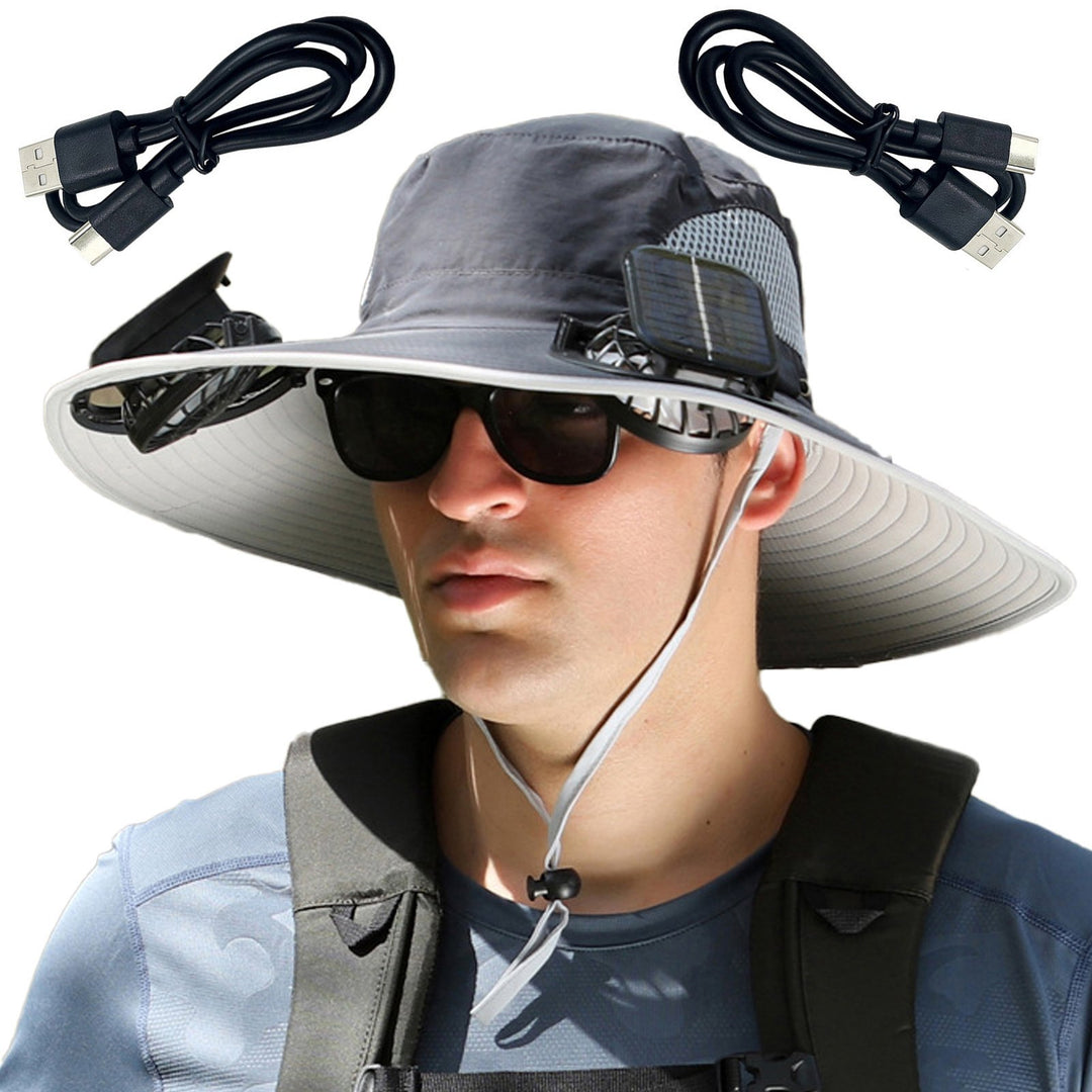 1 Set Outdoor Sun Hat with 2 Fan Large Brim Windproof Strap Solar or USB Charging Anti-UV Great Breathability Fishing Image 4