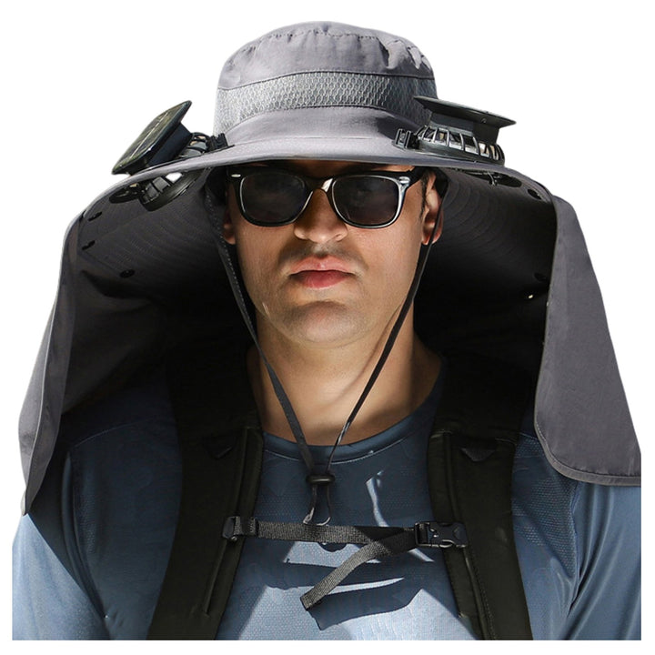 Solar Fan Hat with Neck Flap USB Rechargeable UV Protection Dual Fan Fishing Hat Foldable Men Women Fisherman Hiking Image 2