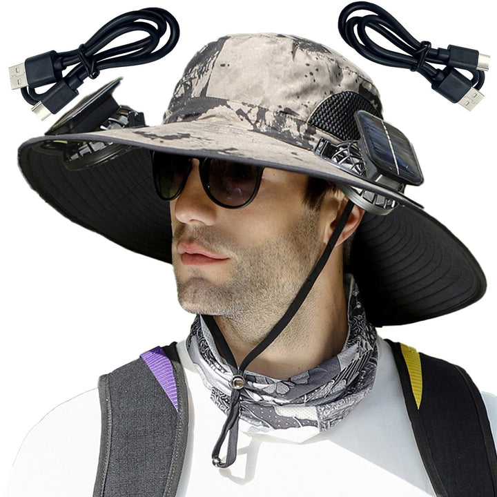 1 Set Outdoor Sun Hat with 2 Fan Large Brim Windproof Strap Solar or USB Charging Anti-UV Great Breathability Fishing Image 7