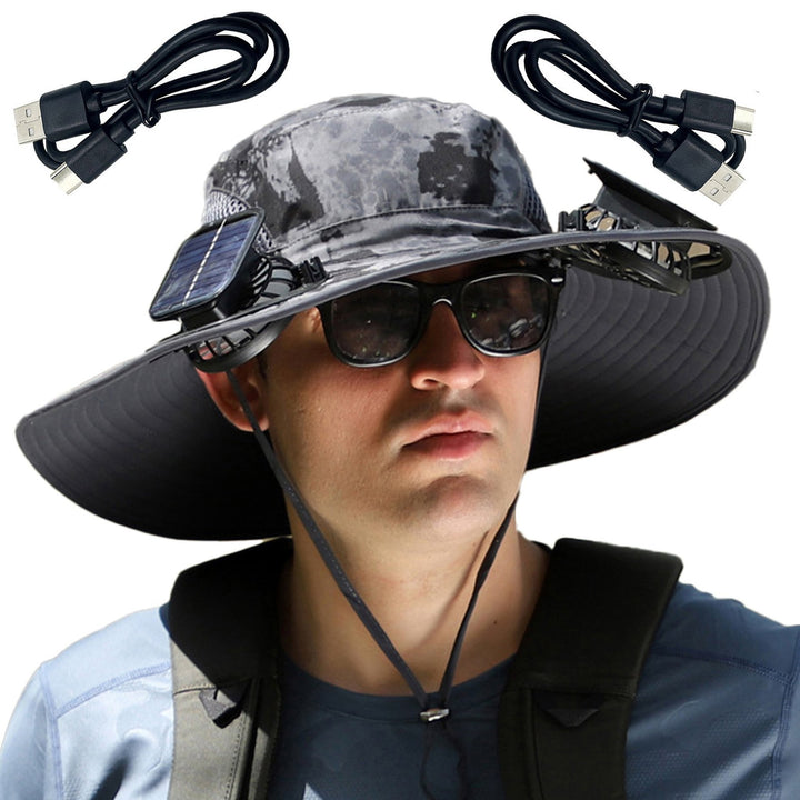 1 Set Outdoor Sun Hat with 2 Fan Large Brim Windproof Strap Solar or USB Charging Anti-UV Great Breathability Fishing Image 8