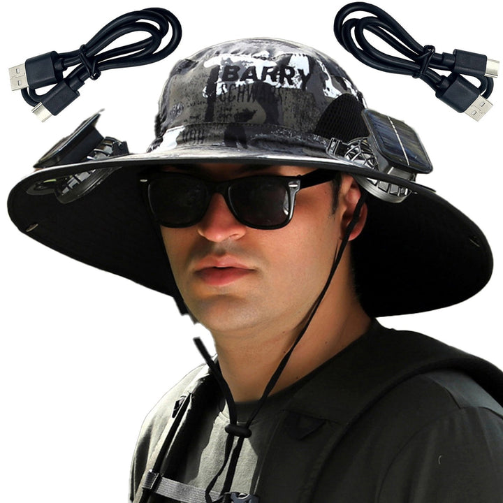 1 Set Outdoor Sun Hat with 2 Fan Large Brim Windproof Strap Solar or USB Charging Anti-UV Great Breathability Fishing Image 10