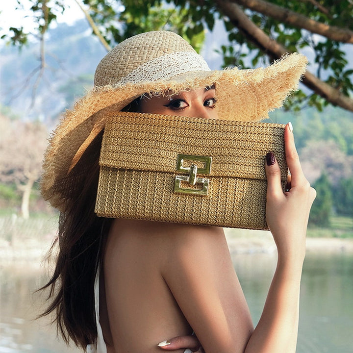 Women Clutch Bag Envelope Shape Bohemian Style Foldable Double-layer Straw Braided Solid Color Portable Summer Beach Image 1