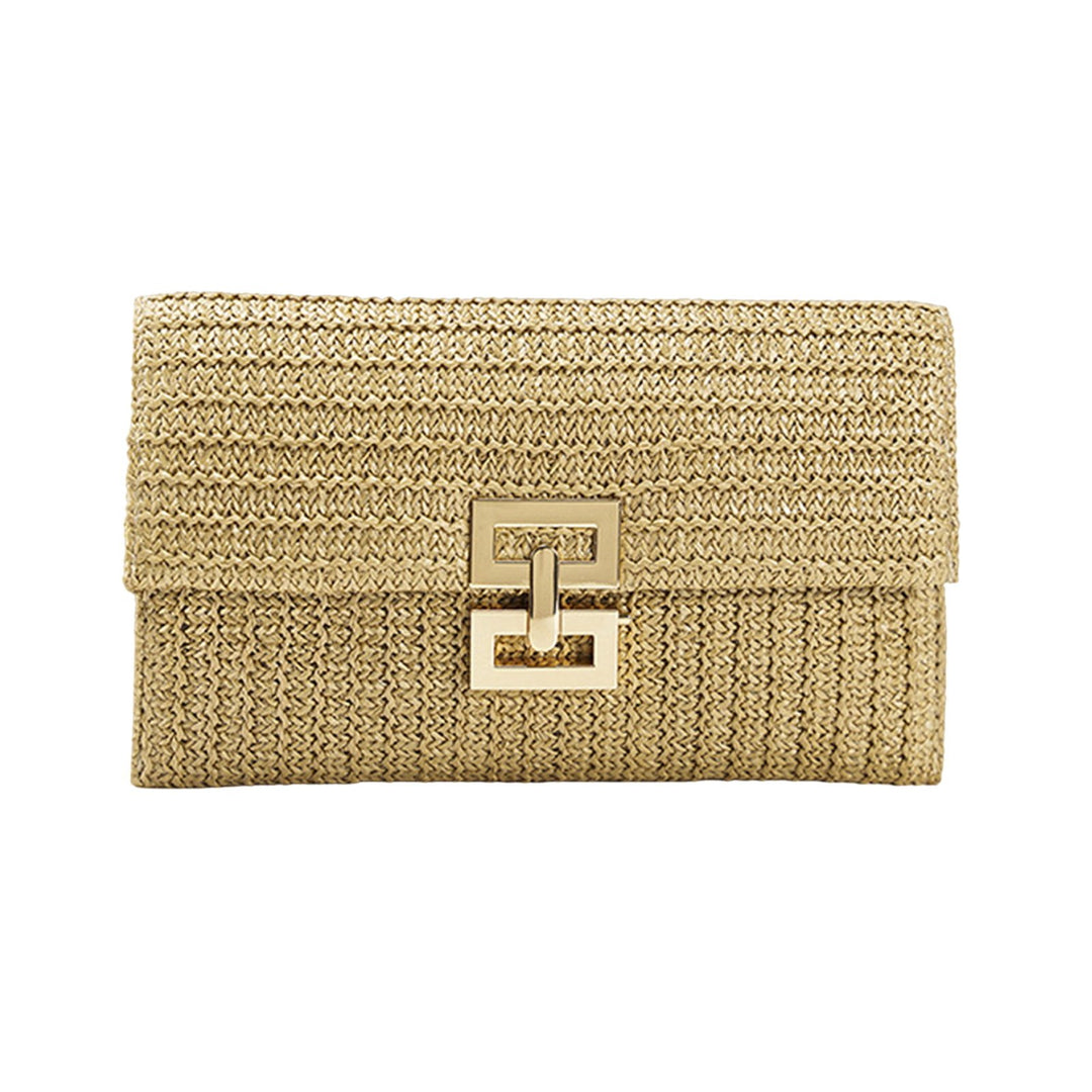 Women Clutch Bag Envelope Shape Bohemian Style Foldable Double-layer Straw Braided Solid Color Portable Summer Beach Image 1