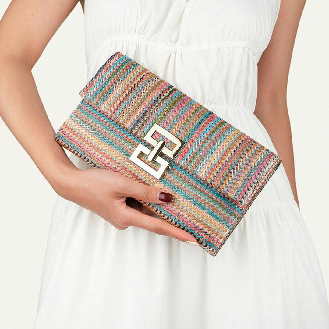 Women Clutch Bag Envelope Shape Bohemian Style Foldable Double-layer Straw Braided Solid Color Portable Summer Beach Image 4