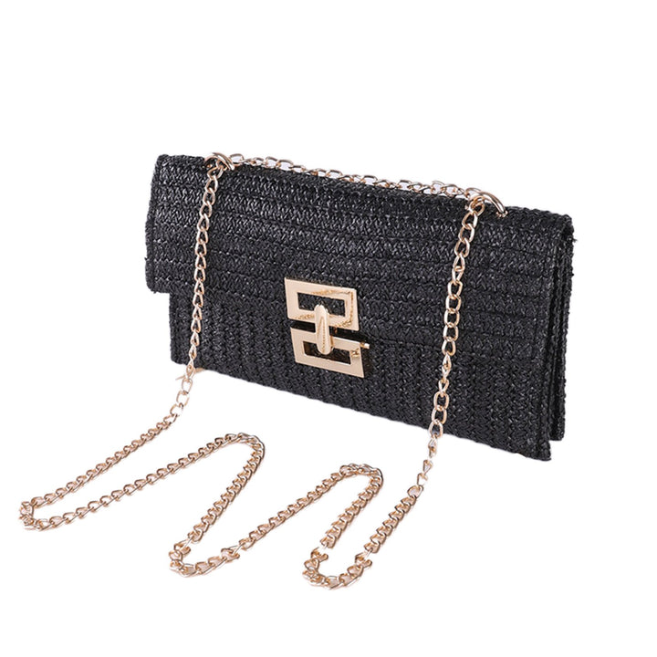 Women Shoulder Bag Envelope Shape Bohemian Style Double-layer Chain Strap Straw Braided Buckle Lock Foldable Portable Image 4