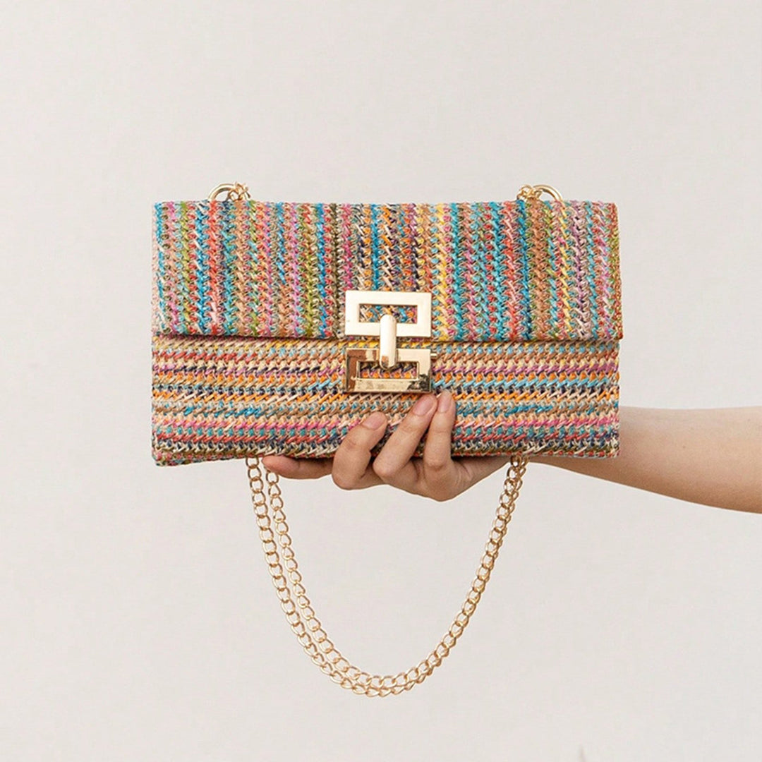 Women Shoulder Bag Envelope Shape Bohemian Style Double-layer Chain Strap Straw Braided Buckle Lock Foldable Portable Image 6