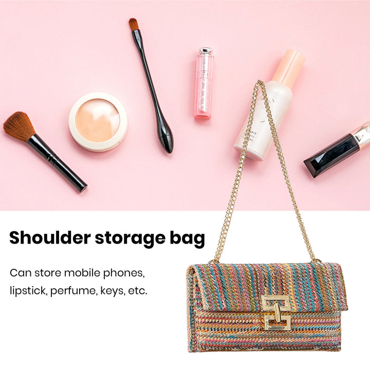 Women Shoulder Bag Envelope Shape Bohemian Style Double-layer Chain Strap Straw Braided Buckle Lock Foldable Portable Image 7