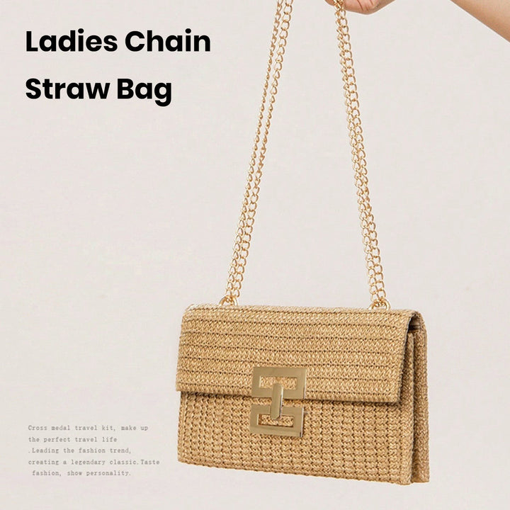 Women Shoulder Bag Envelope Shape Bohemian Style Double-layer Chain Strap Straw Braided Buckle Lock Foldable Portable Image 8