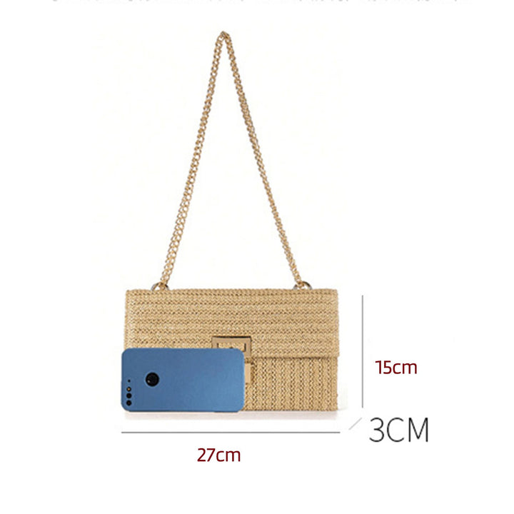 Women Shoulder Bag Envelope Shape Bohemian Style Double-layer Chain Strap Straw Braided Buckle Lock Foldable Portable Image 9