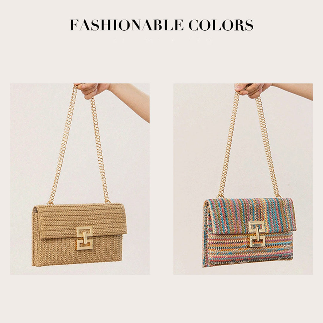 Women Shoulder Bag Envelope Shape Bohemian Style Double-layer Chain Strap Straw Braided Buckle Lock Foldable Portable Image 10