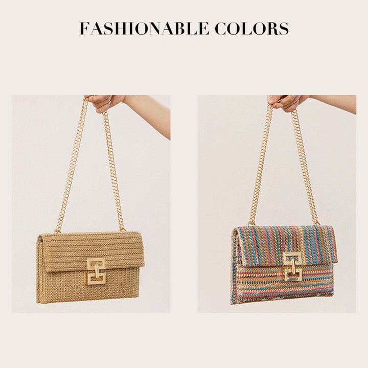 Women Shoulder Bag Envelope Shape Bohemian Style Double-layer Chain Strap Straw Braided Buckle Lock Foldable Portable Image 10